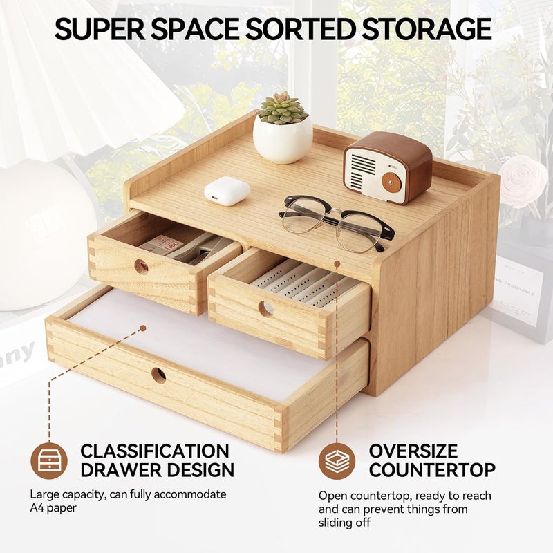KIRIGEN Wood Organizer Shelf with 3 Drawers for Home Kicthen Decor Office Supplies Desktop Cabinet for Drawer Organizer - Desk Accessories Storage Box -Countertop Shelf Natural（DT2D3C-NA） - Image 4